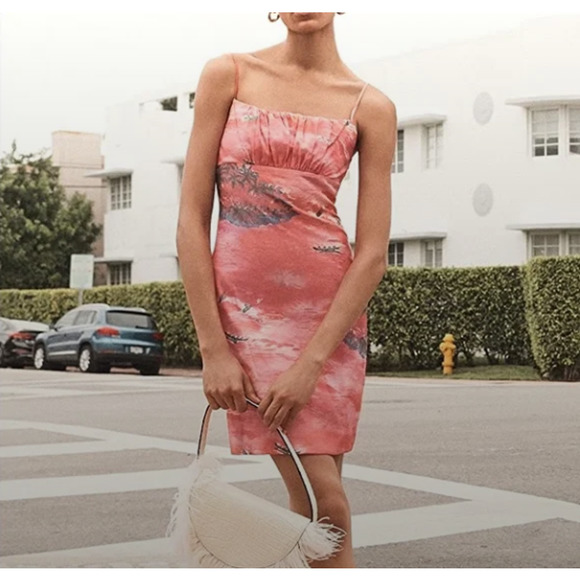 STAUD Dresses & Skirts - Staud Bell Dress Red Island Tropical Print Pink Bodycon Slip Style 4